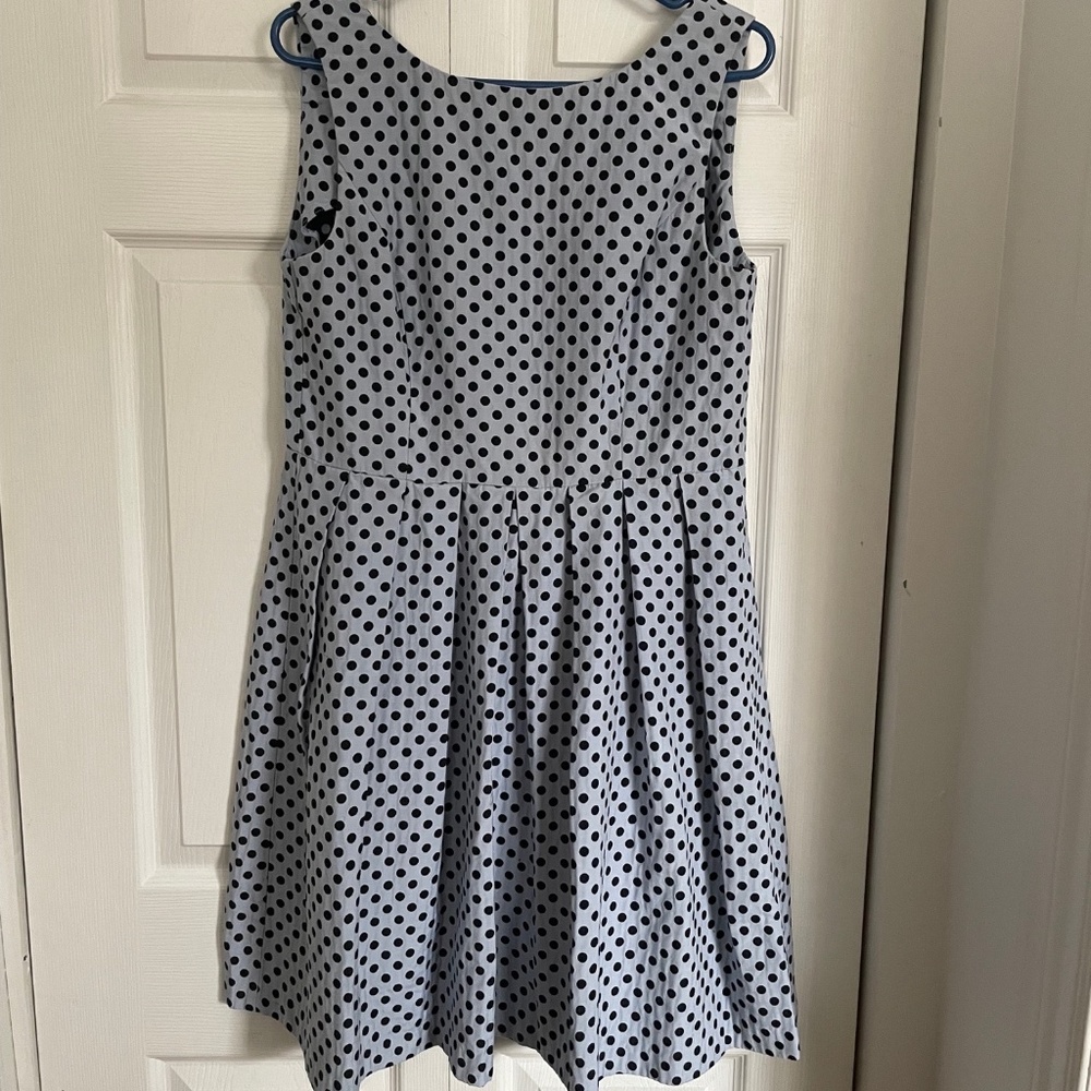 HALLHUBER Light blue A-line dress with black polka dots (Size 8)